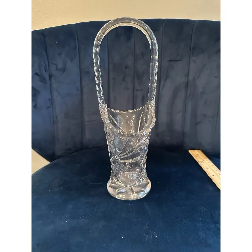 Vintage Clear Pressed Glass Floral Etched‎ Basket Scalloped Rim 11 Inch Tall